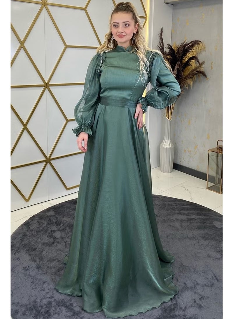 Esilanur Sema Shoulder Stone Hijab Evening Dress Khaki - Image 1